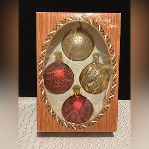 Christmas by Krebs 4 Vtg Designer Glass Crowned Ornaments & Glitter 90s